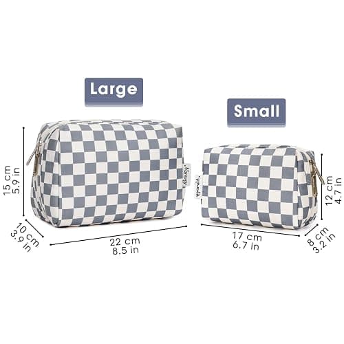 Narwey Checkered Makeup Bag Travel Cosmetic Bag Organizer Toiletry Bag Make Up Bags with Compartments for Women Girls (Large, Grayish Blue Checkerboard) thumbnail 6