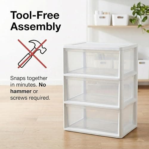 Wide 3 Drawer Plastic Storage Tower with Clear Removable Bins, 15.6" x 21" x 25.2" Organizer Unit with Drawer Stops and Easy-Pull Handles for Closet, Dorm, and Office Organization, White thumbnail 4