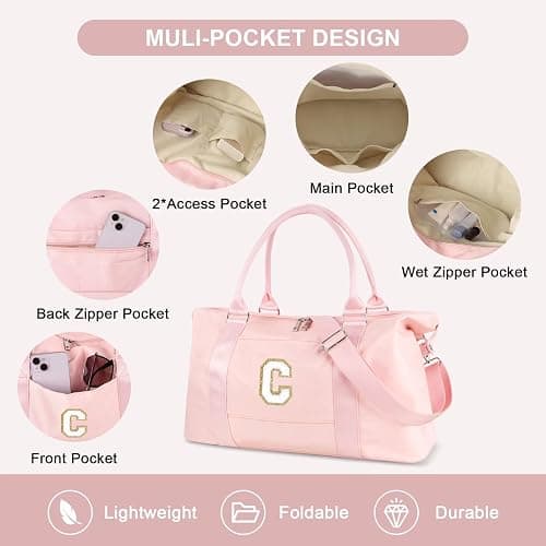 Birthday Gifts for Daughter,Initial Travel Duffel Bag for Teen Girls,Personalized Weekender Bag Cute Overnight Carry on Duffle Bags for Girl Women Gifts with Adjustable Strap(pink-C) - pink-chenille - letter-C thumbnail 3