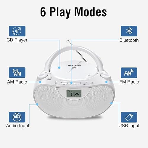 Nextron Portable CD Player Boombox with Bluetooth, AM/FM Radio & USB | CD-R/RW, MP3-CD & USB Playback, Stereo Sound, Bass Boost, AUX Input, Headphone Jack, LCD Display, AC/Battery Powered - White thumbnail 2