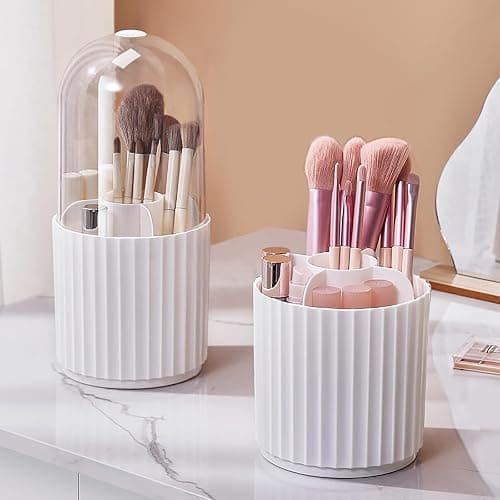 Anyoifax Makeup Brush Holder Organizer 360°Rotating Make Up Brushes Container for Vanity, Spinning Cosmetics Storage Cup, Stripe White thumbnail 7