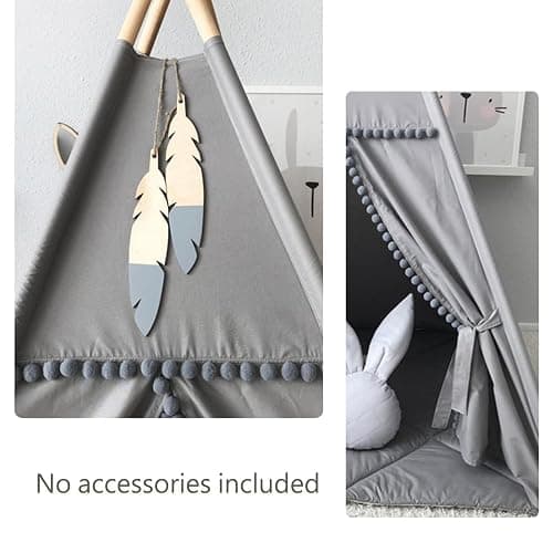 RONGFA Kids Teepee Tent with White Pom Pom - Indoor Play Teepee for Children Boys Portable Play House (Grey) thumbnail 6