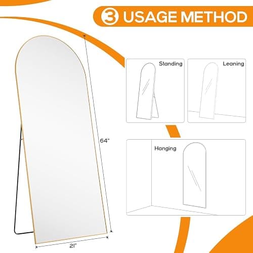 Aidoly Arched Mirror Full Length, Upgraded 21"x64" Body Wall Mirrors with Shatter-Proof Glass, Floor Standing, Hanging or Leaning, Tall Arch Mirror with Stand Aluminum Alloy Frame for Bedroom, Gold thumbnail 2
