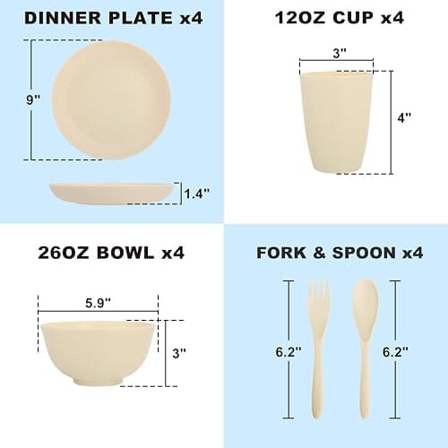 Perlapoc Kitchen Wheat Straw Dinnerware Sets for 4, Unbreakable Kids Dish Set 20 PCS - Dinner Plate/Cereal Bowl/Cup/Fork/Spoon, for Outdoor Camping, RV, Apartment Essentials - Beige thumbnail 3