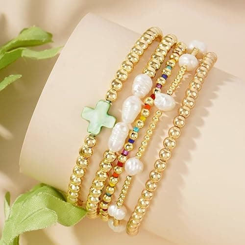 SHINUS BOHO 14K Gold Pearl Beaded Cross Bracelets Stack Set for Women,Stretch Boho Colorful Christian Beads Ball Jewelry Trendy Gift thumbnail 2