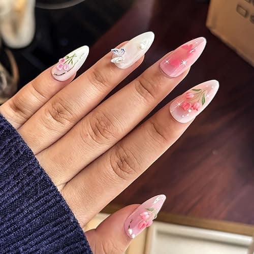 10Pcs Handmade Press on Nails Medium Almond Fake Nails Pink Rose Bow Rhinestones with Heart Charms Glitter Designs Full Cover Gradient Pink Glue on Nails Cute False Nails for Women Girls Acrylic Nails thumbnail 5
