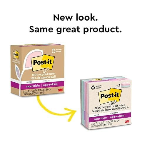 Post-it 100% Recycled Paper Super Sticky Notes, 2X The Sticking Power, 3x3 in, 5 Pads, 70 Sheets/Pad, Wanderlust Pastels Collection (654R-5SSNRP) thumbnail 9