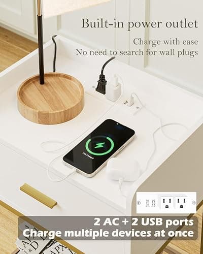 Apetaccat Nightstand with Charging Station,3-Tier Bedside Table for Small Space,Modern Night Stand with Storage Drawer and Shelf,Small Side Table for Bedroom,Living Room,White thumbnail 3