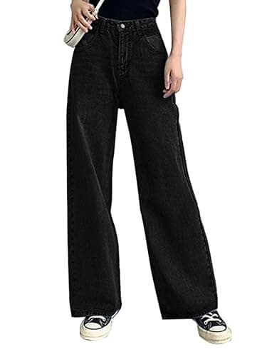 HDLTE Women Ripped Boyfriends Jeans Distressed High Waist Baggy Denim Pants Wide Leg Straight Trousers Y2k Streetwear Pants… - A-black Large - Image 1