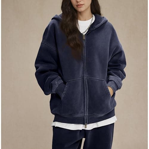 Talakeno Womens Double Zip Up Hoodies Oversized Heavyweight Fleece Sweatshirt Acid Wash Hoodie Vintage Distress Cotton Jacket thumbnail 7