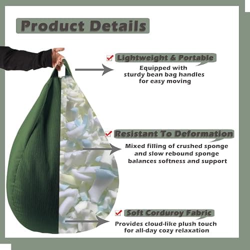 LPMOERA 3FT Memory Foam Filling Bean Bag Chair Green | Skin-Friendly,Hidden Zipper,Home Decor,Floor Sofa,Suitable For Rest & Lounge,Pull-Handle thumbnail 3