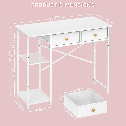 ThreeHio Vanity Desk Without Mirror, Makeup Vanity for Girls with 2 Fabric Drawers, Small Vanity Table with Iron Hook, 35 Inches Dressing Table with Storage, White thumbnail 2