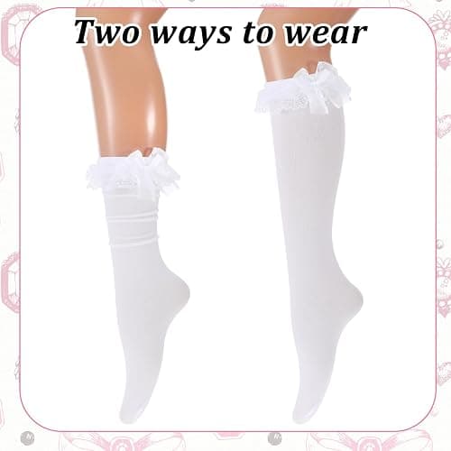 MBAIYO 2 Pairs Knee High Socks with Bow, Women's Lace Ruffle Over The Knee Socks Women's Soft Solid Lace Thigh High Stock Black Lolita Sock Cute Princess Style High Sock for Daily Wear (White + Black) thumbnail 2