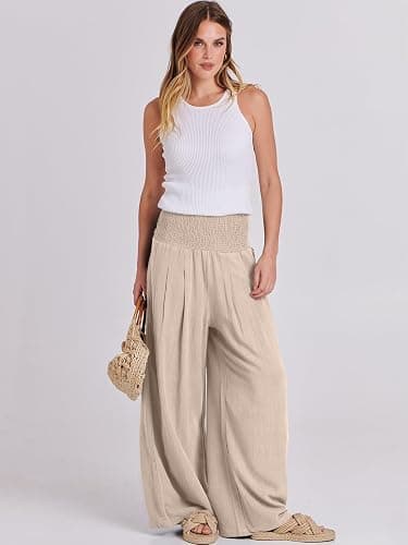 ANRABESS Women Linen Palazzo Pants Summer Boho Wide Leg High Waist Casual Lounge Pant 2026 Beach Travel Vacation Outfits thumbnail 6