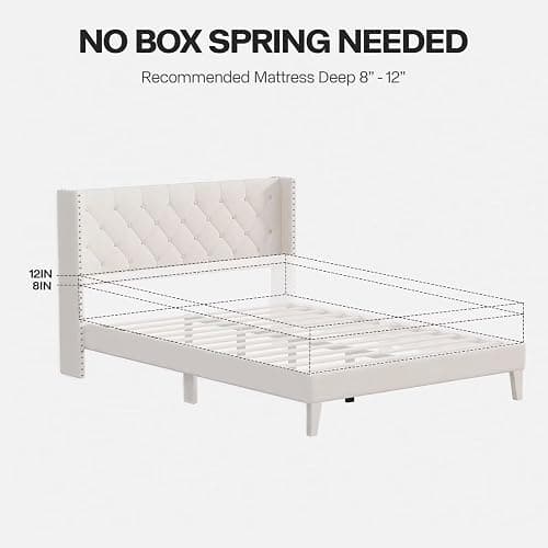 DOGIBIXO Queen Size Bed Frame with LED Lights, Upholstered Bed Frame with Wingback Diamond Tufted Headboard, Wood Slats Support, Noise-Free, Easy Assembly, No Box Spring Needed, Beige - Beige - Queen thumbnail 7