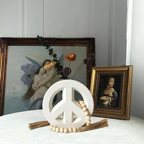 White Ceramic vase Including Wood Bead Garland with Tassels Peace vase Meditation Vase Modern Home Decor (White) thumbnail 6