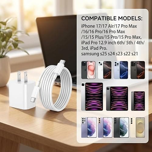 iPhone 17 16 15 Charger Fast Charging,2Pack 20W Apple iPad USB C Wall Chrager Block with 6FT USB C to C Cable for iPhone 17/Pro/Pro Max/17 Air/ 16/16 Pro/16 Pro Max/15/Plus/Pro/Pro Max (White) thumbnail 7