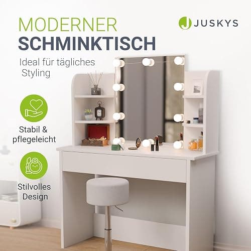 Juskys Schminktisch mit Beleuchtung und Spiegel, Vanity Table, Schublade & 4 Ablagefächern - Holz - Weiß - Kosmetiktisch Frisiertisch thumbnail 3