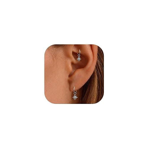 Small Cartilage Rook Helix Piercing Hoop Starburst Dangle Earrings Jewelry For Women With CZ 14K Gold Plated Huggie Stainless Steel - Image 1