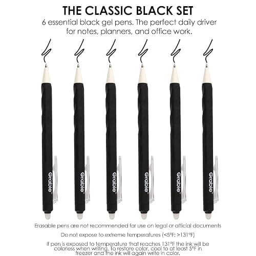 Grabie Erasable Gel Pens, Medium Point 0.7 mm Erasable Pens, Make Mistakes Disappear for Drawing Writing Planner, Pack of 6, Black thumbnail 3