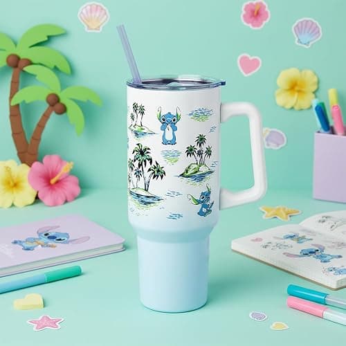 Silver Buffalo Disney Lilo and Stitch Vintage Sketch Palm Trees and Flowers Double Walled Stainless Steel Tumbler with Handle and Straw, Fits in Standard Cup Holder, 40 Ounces thumbnail 2