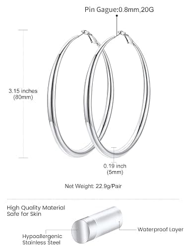 KeyStyle Chunky Hoop Earrings for Women, Large Silver Stainless Steel Hoops Earring Lightweight Loops, 14K Gold Thick Hypoallergenic Circle Ear Comfort Hoop Jewelry(40/60/80mm) thumbnail 7