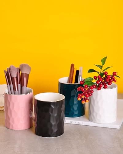 WHJY Ceramic White Pencil Cup, Makeup brushes Holder, Gold Pen Holder for Desk Cute Small Boho Brush Holder, Modern Geometry Design Pen Holder thumbnail 6
