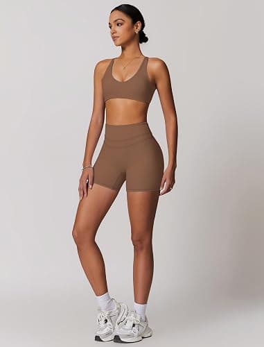 ABOCIW Workout Sets for Women 2 Piece V Neck Twist Back Sports Bra High Waist Biker Shorts Yoga Outfits thumbnail 4