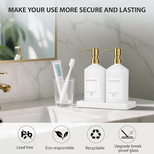 Gold Soap Dispenser Set, Glass Hand and Dish Soap Dispenser Set with Tray,Stainless Pump,14 Stickers for Kitchen,Bathroom Soap and Lotion Dispenser,Modern Counter Decor (White Bottle/Gold Pump) thumbnail 5