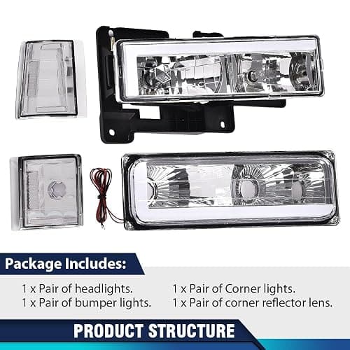 PIT66 LED DRL Headlight Assembly, Compatible with 1994-1998 Chevy C10 C/K 1500 2500 3500 Fit 94-99 Chevy Tahoe Suburban w/Turn Signal Lamps Bumper Lights Corner Lamps Clear Lens Chrome Housing thumbnail 7