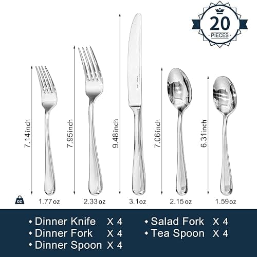 KINGSTONE 20 Pieces Silverware Set for 4, Premium Stainless Steel Flatware Set, Heavy Duty and Modern Design Cutlery Set, Mirror Polished, Dishwasher Safe thumbnail 3