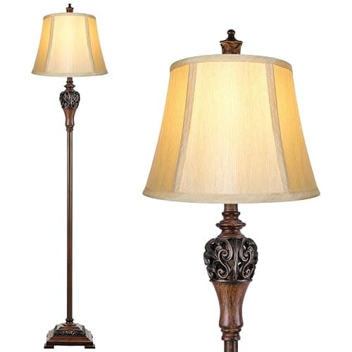 Vintage Floor Lamp for Living Room Traditional Farmhouse Tall Standing Lamp Mid-century Antique Bedroom Pole Lamp with Bell Shape Faux Silk Shade Elegant Rustic Bright Lighting for Reading Home Decor - Image 1