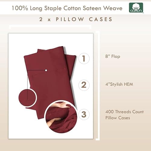 Pizuna Pure 100% Cotton Pillow Cases Queen Size Set of 2 Rio Red, Luxurious 400 Thread Count Long Staple Cotton Sateen with Envelope Closure (Combed Rio Red Cotton Pillow Cases Queen) thumbnail 3