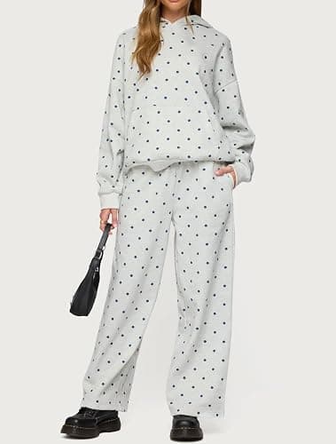 Pivanzore Polka Dot Sweat Set for Women Two Piece Bow Print Tracksuit Long Sleeve Hoodie Wide Leg Sweatpants 2 Piece Outfits thumbnail 6