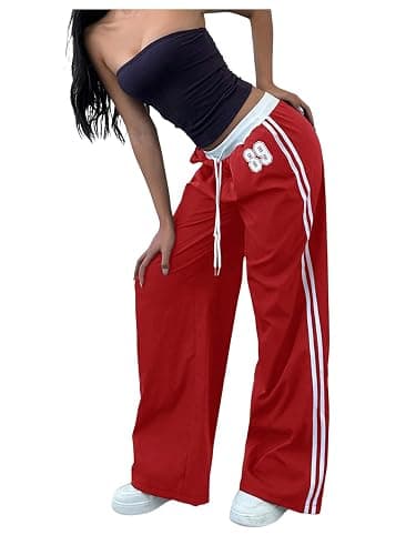 WDIRARA Women's Wide Leg Baggy Sweatpants Side Striped Number Graphic Track Pants with Pockets - Image 1