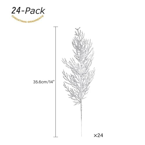 Christmas Glitter Stems 24pcs Artificial Pine Tree Picks for Christmas Tree Ornaments fillers, DIY Xmas Wreath, Crafts, Garland, Holiday, Party, Wedding and Home Decoration (Silver) thumbnail 3