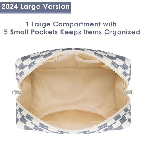 Narwey Checkered Makeup Bag Travel Cosmetic Bag Organizer Toiletry Bag Make Up Bags with Compartments for Women Girls (Large, Grayish Blue Checkerboard) thumbnail 4
