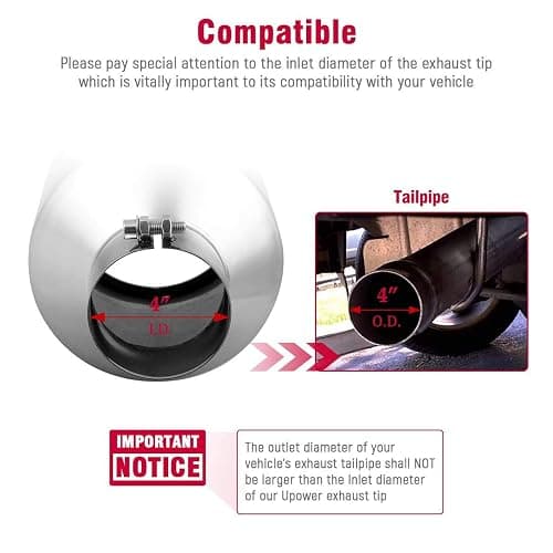 Upower Universal Diesel Trucks Car Exhaust Tip 4 Inch Inlet 6" Outlet 15" Long Stainless Steel Bolt-On thumbnail 2