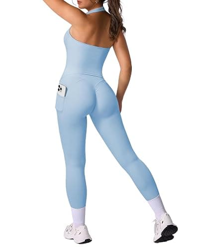 RXRXCOCO Open Back Workout Sets for Women 2 Piece Halter Tank Tops Hidden Scrunch Leggings Matching Set with Pockets - Image 1