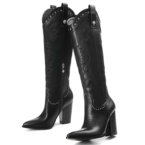 VOMIRA Knee High Cowboy Boots for Women Pointed Toe Chunky High Heels Pull-on Embroidered Boots Western Boots Wide Calf Cowgirl Boots thumbnail 7