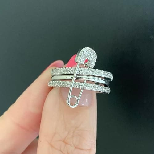 BLBLJERY Safety Pin Silver& Gold Stackable Rings for Women Non Tarnish 14k Gold Plated Statement Ring Set Cubic Zirconia Wedding Rings Thumb Ring Stack Pack Unique Jewelry Gift Women thumbnail 4
