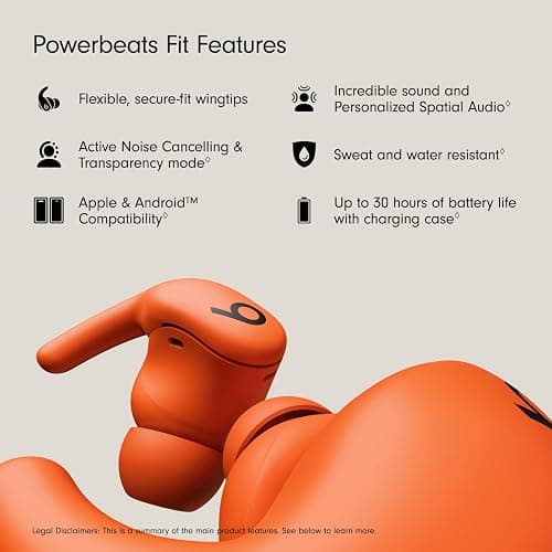 Beats Powerbeats Fit - Wireless Noise Cancelling Workout Earbuds with Secure-Fit Wingtips, Up to 30-Hour Battery Life, Sweat & Water Resistant, Apple & Android Compatible - Spark Orange thumbnail 2