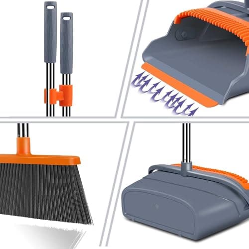 kelamayi Upgrade Broom and Dustpan Set, Self-Cleaning with Dustpan Teeth, Indoor&Outdoor Sweeping, Ideal for Dog Cat Pets Home Use, Stand Up Broom and Dustpan (Gray&Orange) thumbnail 4