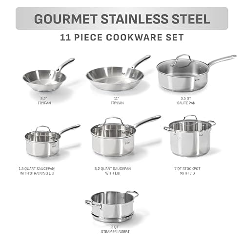 T-fal Stainless Steel Cookware Set, 11 Piece, Induction Cookware, Oven Safe to 500°F, Kitchen Cooking Set w/Fry Pans, Pots and Pans, Dutch Oven, Saucepans, Kitchen Essentials, Silver thumbnail 2