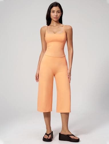 QBGJTD Womens Workout Sets Two Piece Spaghetti Straps Crop Top Matching Wide Leg Capri Pants Gym Work Pilates Outfits thumbnail 5
