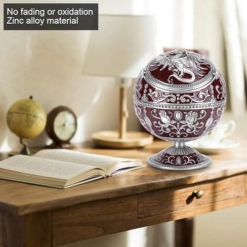 Windproof Ashtray, Vintage Ashtray with Lid, Metal Ball Cigarette Tabletop Ashtray with Wine Red Globe Fly Dragon Shape for Outdoor Indoor Home Decoration Crafts thumbnail 2