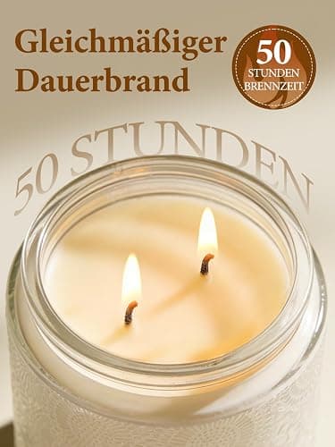 Vanille Duftkerze im Glas, 210g Sojawachs, Entspannung & als Geschenkidee | 2 Baumwolldochte, gleichmäßiger Abbrand, handgegossene Kerze, strukturiertes Glas, warmer süßer Vanilleduft, bis zu 50 Std. thumbnail 4