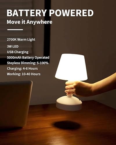 KDG Modern Cordless Small Table Lamps, Outdoor Portable Shower Waterproof LED Dimmable Desk Lamp, 5000mAh Rechargeable Battery Operated Lighting for Restaurant, Bedroom, Bathroom, Night Light (White) thumbnail 4