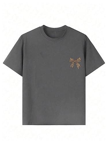 RoseSeek Girl's Bow Leopard Graphic Tees Short Sleeve Preppy Summer T Shirt Aesthetic Baggy Tops thumbnail 2