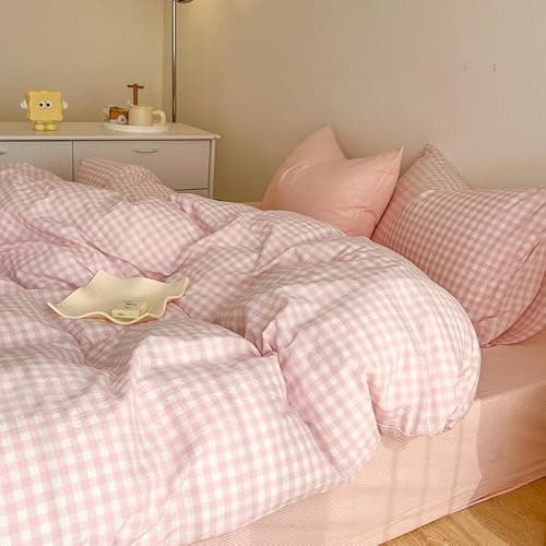 Covebett Duvet Cover Single Pink White Grid Washed Microfiber Bedding Set Cute Girls Women Checked Plaid Quilt Cover 135x200 Zipper Closure and 1 Pillowcase 50x75cm thumbnail 5